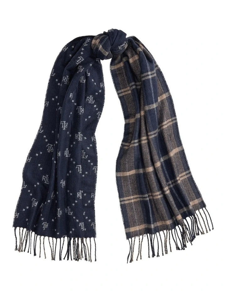 Plaid Large Double Face Scarf in Navy image 1