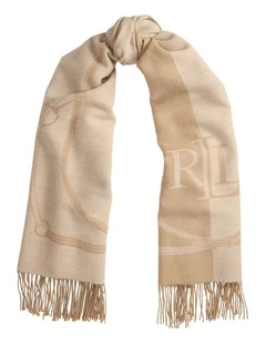 Belting Motif & Logo Jacquard Wrap Scarf in Beige
