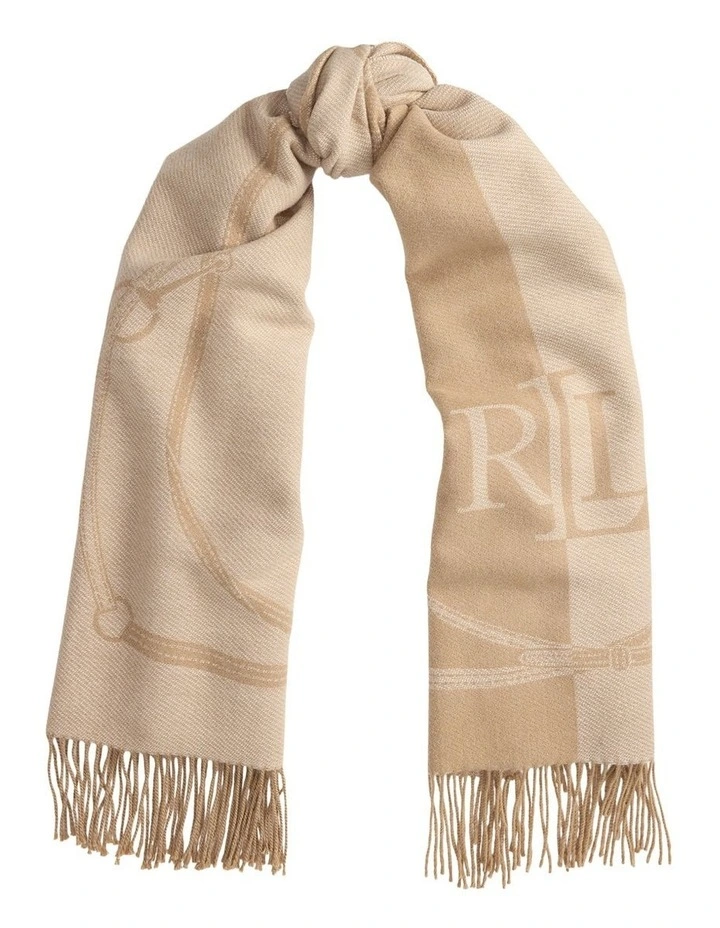 Belting Motif & Logo Jacquard Wrap Scarf in Beige image 1