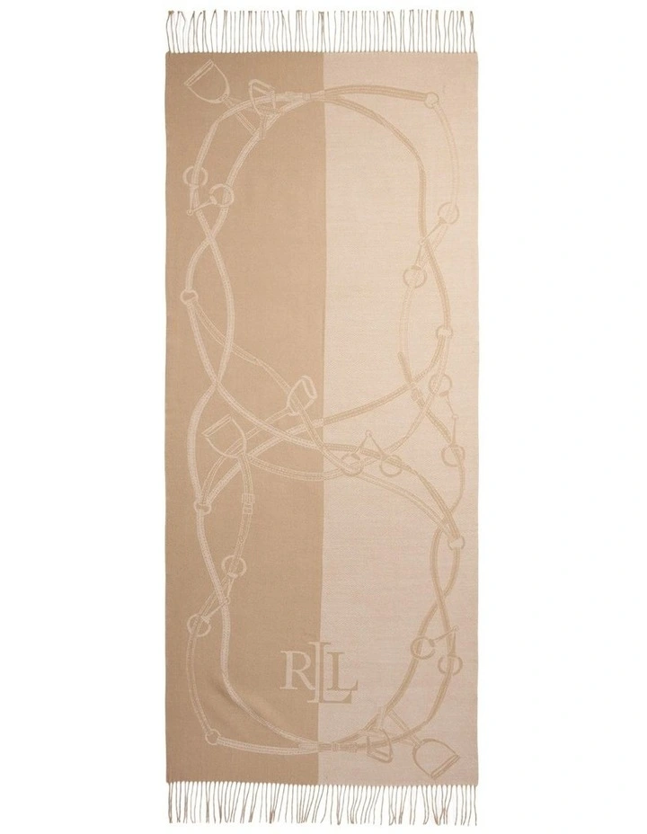 Belting Motif & Logo Jacquard Wrap Scarf in Beige image 2