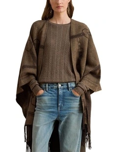 Logo & Belting-Motif Jacquard Ruana in Brown