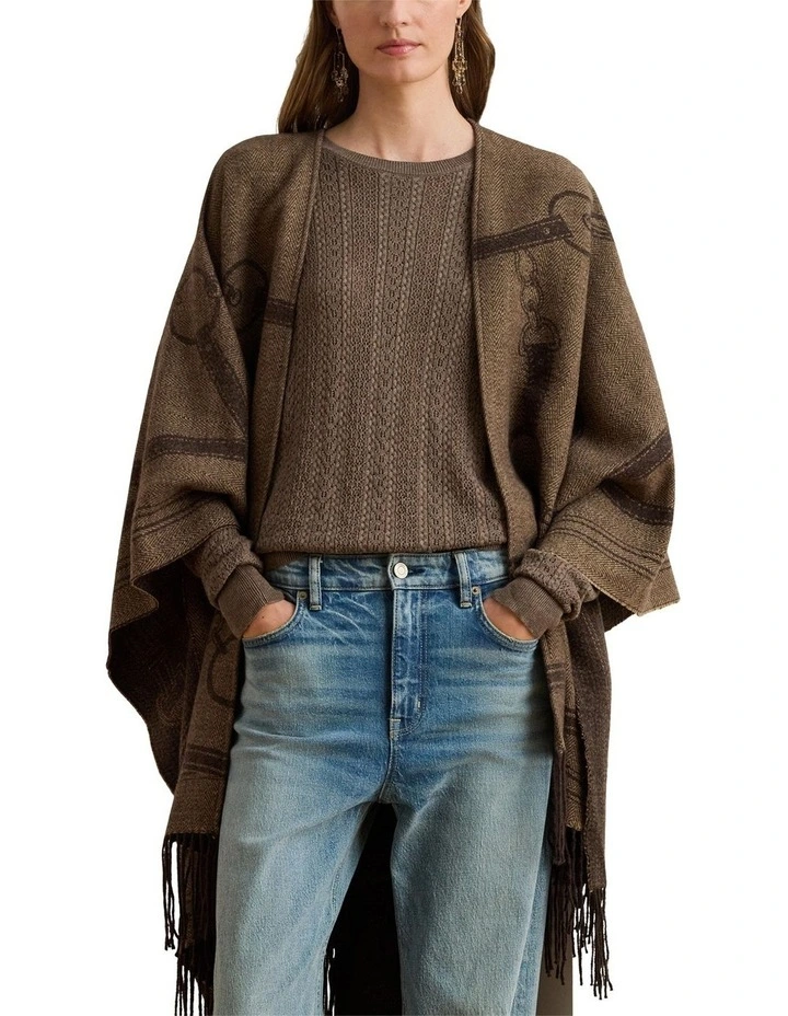 Logo & Belting-Motif Jacquard Ruana in Brown image 1