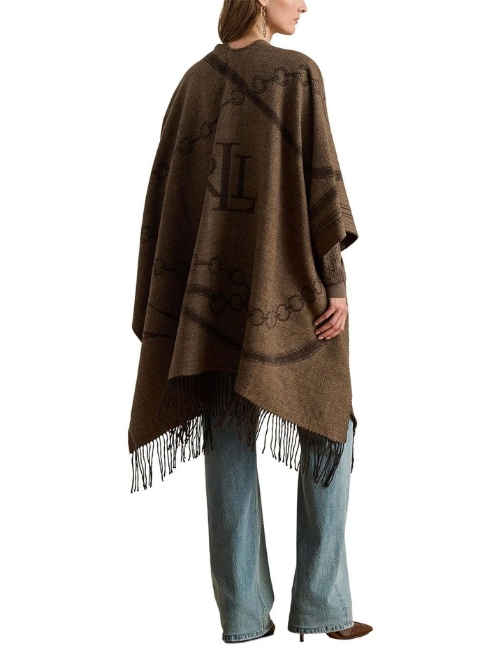 Logo & Belting-Motif Jacquard Ruana in Brown image 2