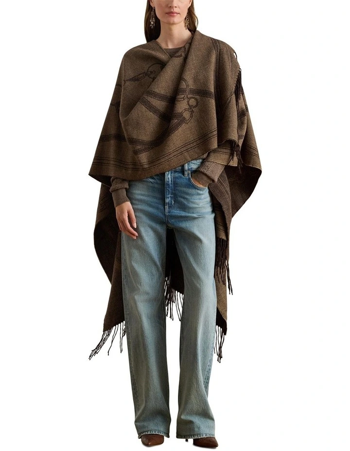 Logo & Belting-Motif Jacquard Ruana in Brown image 3