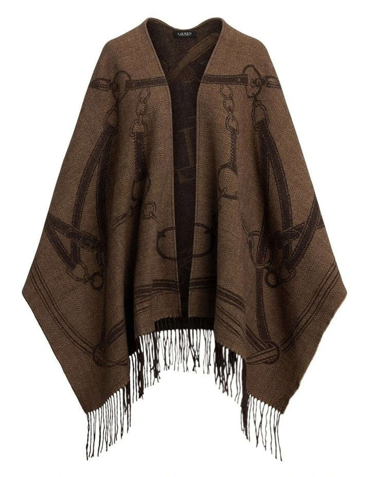 Logo & Belting-Motif Jacquard Ruana in Brown image 4