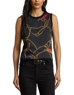 Belting-Print Sleeveless Sweater