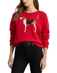Intarsia-Knit Foxhound Cotton Sweater