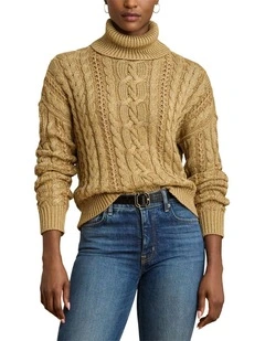 Metallic Cable-Knit Turtleneck Sweater