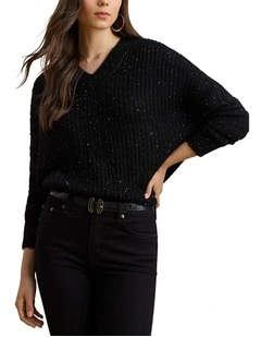 Sequined Rib-Knit V-Neck Sweater