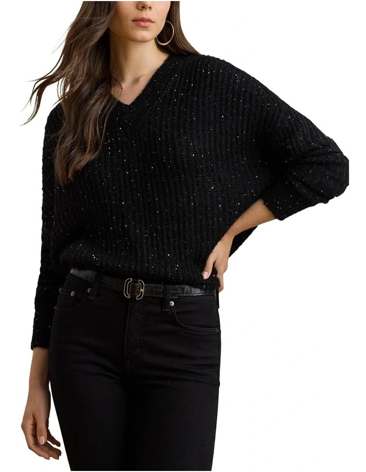 Sequined Rib-Knit V-Neck Sweater image 1