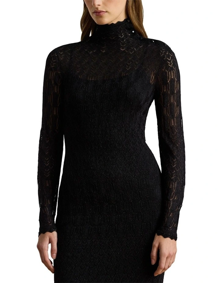 Pointelle-Knit Turtleneck Sweater Dress in Black image 1