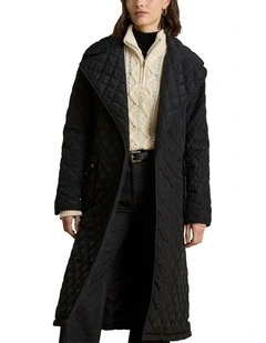 Belted Diamond-Quilted Wrap Coat in Black