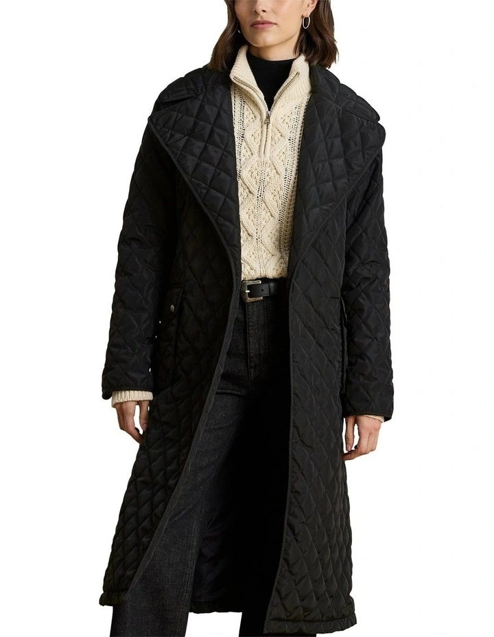 Belted Diamond-Quilted Wrap Coat in Black image 1