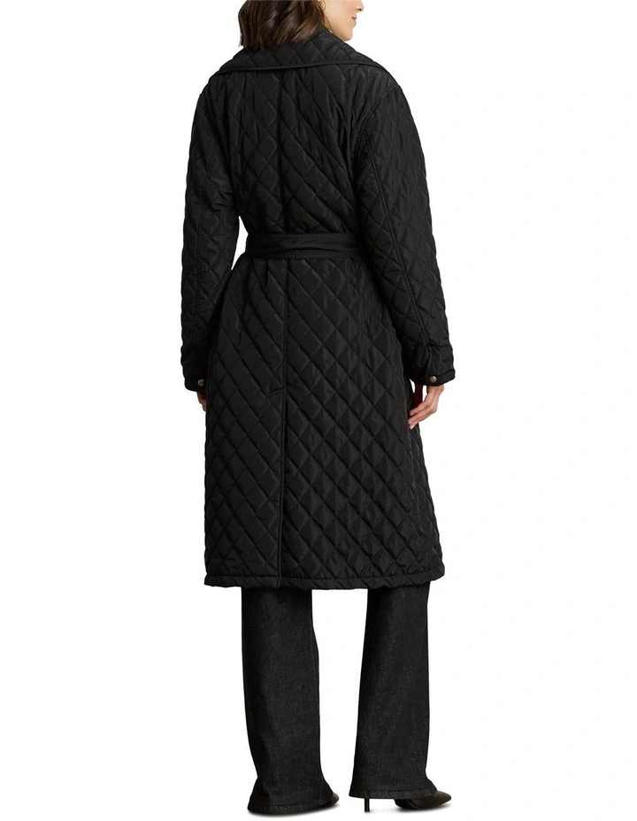 Belted Diamond-Quilted Wrap Coat in Black image 2