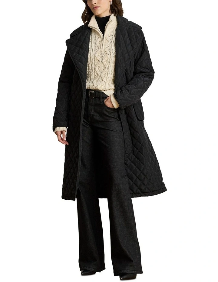 Belted Diamond-Quilted Wrap Coat in Black image 3