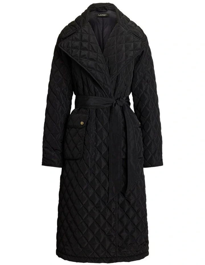 Belted Diamond-Quilted Wrap Coat in Black image 4
