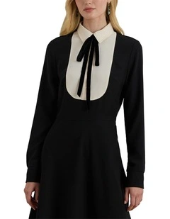 Two-Tone Georgette Tie-Neck Dress in Black