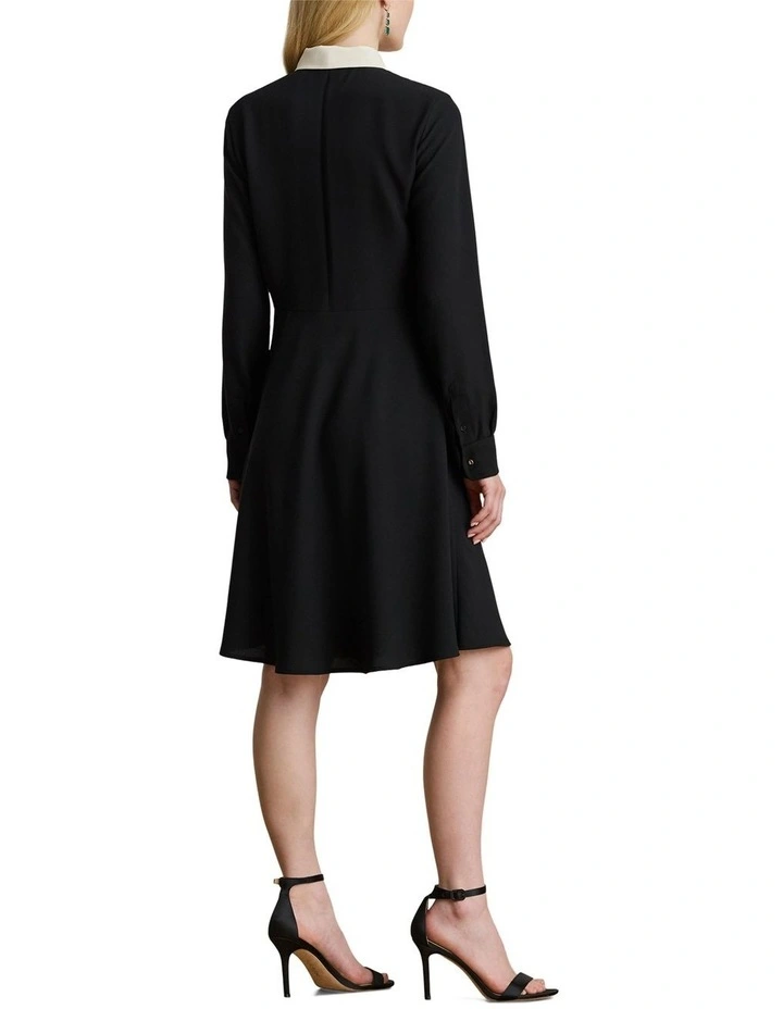Two-Tone Georgette Tie-Neck Dress in Black image 2