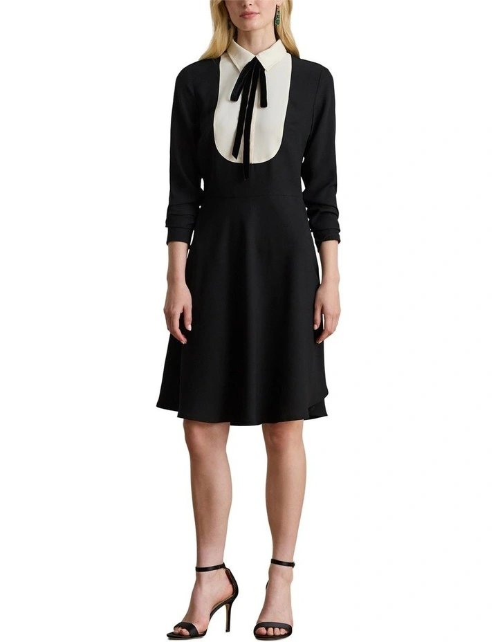 Two-Tone Georgette Tie-Neck Dress in Black image 3