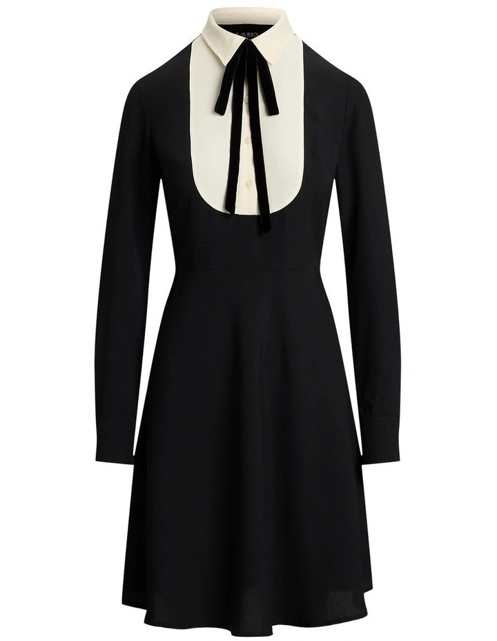 Two-Tone Georgette Tie-Neck Dress in Black image 4