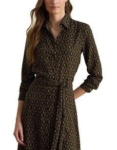 Chain-Print Crepe Shirtdress in Black