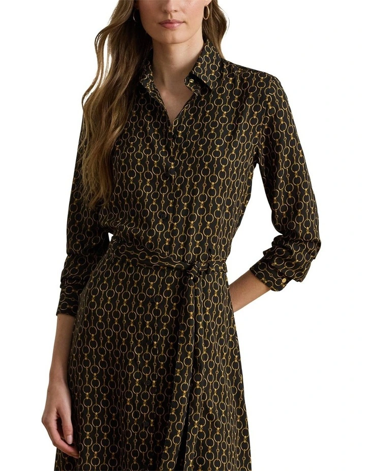 Chain-Print Crepe Shirtdress in Black image 1