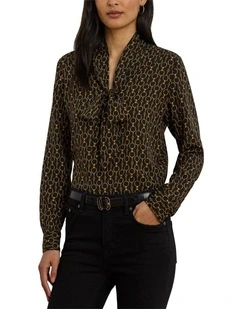 Chain-Print Crepe Tie-Neck Blouse in Black