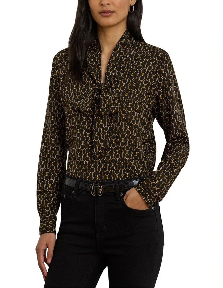 Chain-Print Crepe Tie-Neck Blouse in Black image 1