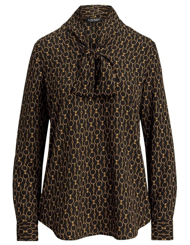 Chain-Print Crepe Tie-Neck Blouse in Black image 4