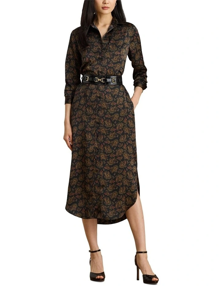 Paisley Charmeuse Shirtdress in Black image 1