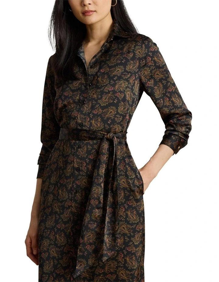 Paisley Charmeuse Shirtdress in Black image 3