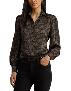 Paisley Charmeuse Blouson-Sleeve Shirt in Black