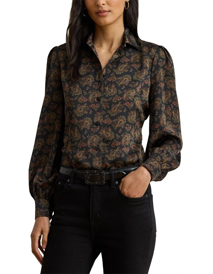 Paisley Charmeuse Blouson-Sleeve Shirt in Black image 1