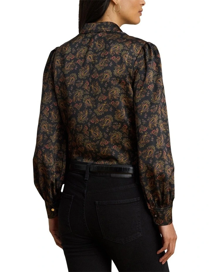 Paisley Charmeuse Blouson-Sleeve Shirt in Black image 2