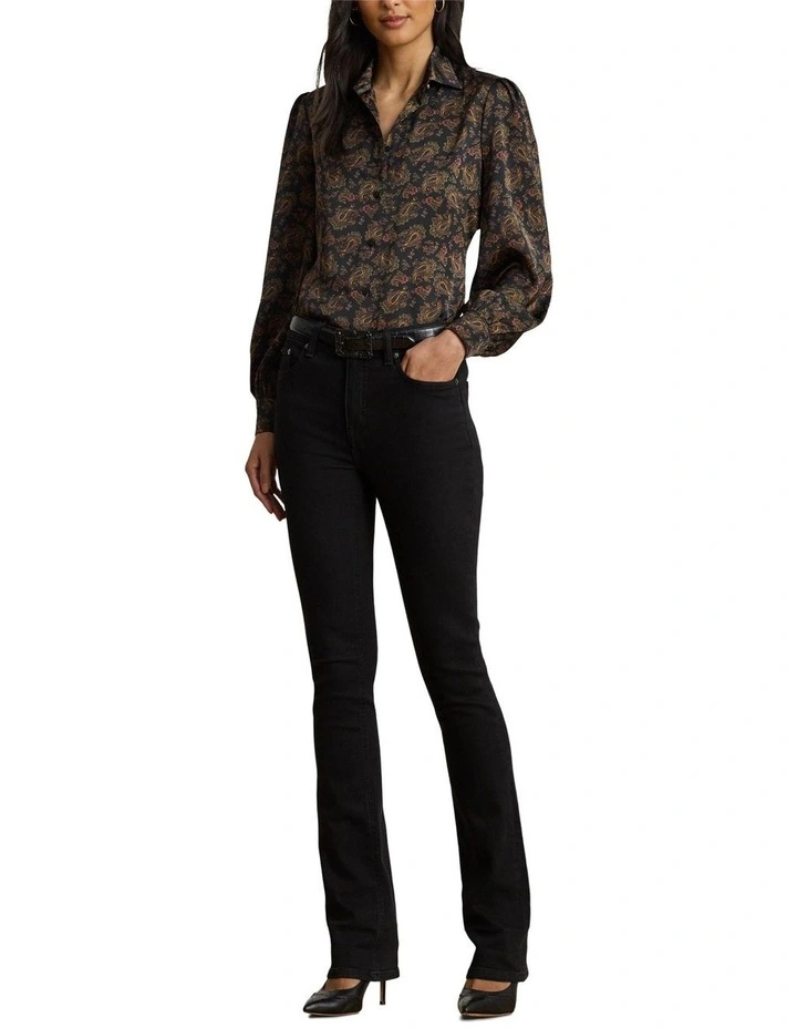 Paisley Charmeuse Blouson-Sleeve Shirt in Black image 3