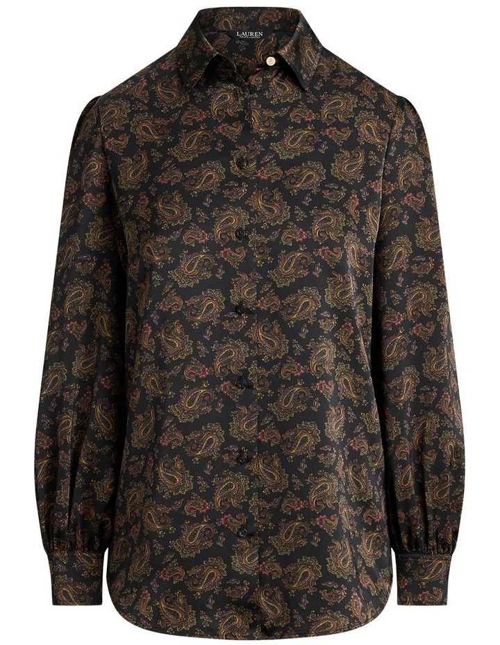 Paisley Charmeuse Blouson-Sleeve Shirt in Black image 4