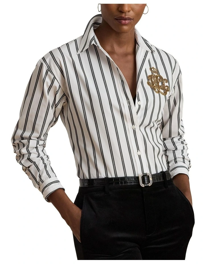 Relaxed Fit Striped Cotton Shirt in White image 1