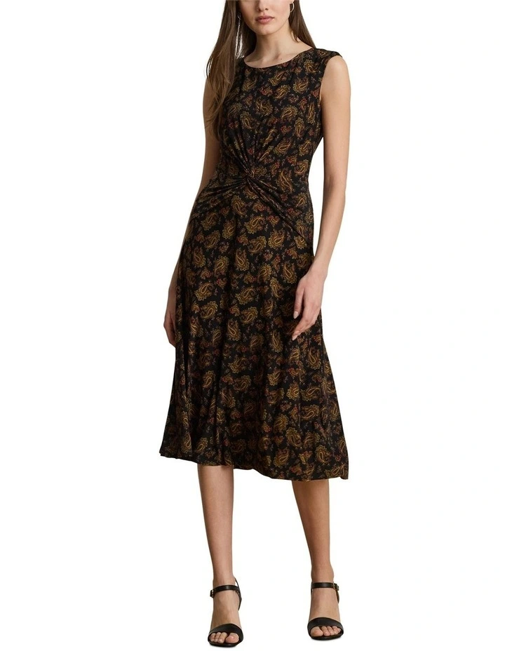 Paisley Twist-Front Jersey Dress in Black image 3