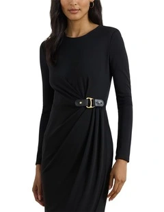 Buckle-Trim Stretch Jersey Dress in Black