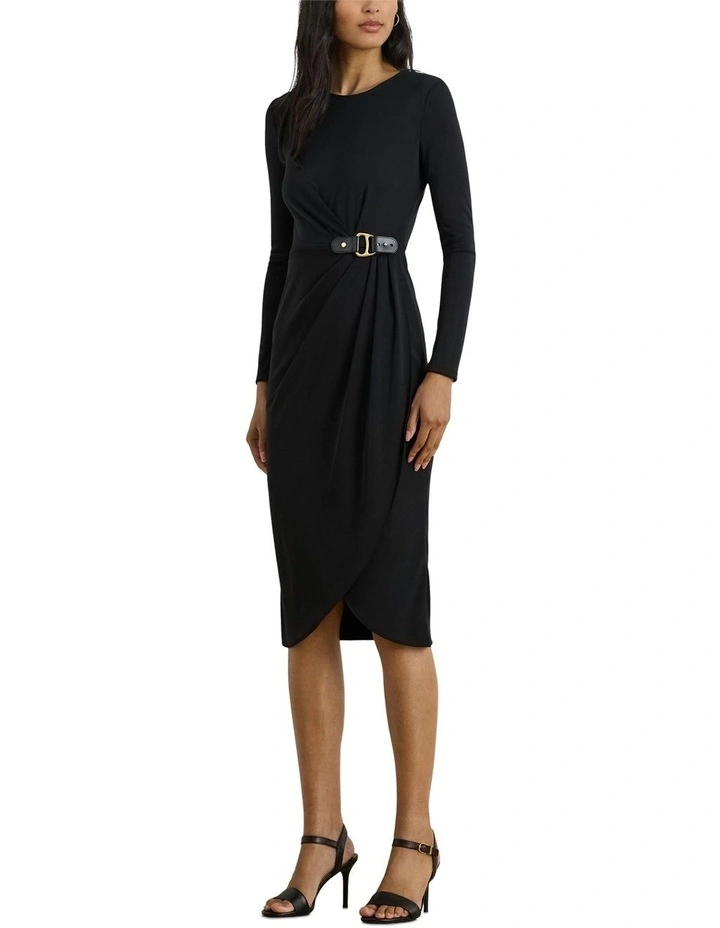 Buckle-Trim Stretch Jersey Dress in Black image 3