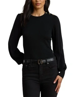 Button-Trim Puff-Sleeve Sweater in Black