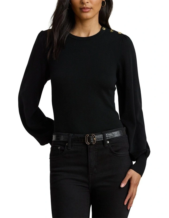 Button-Trim Puff-Sleeve Sweater in Black image 1
