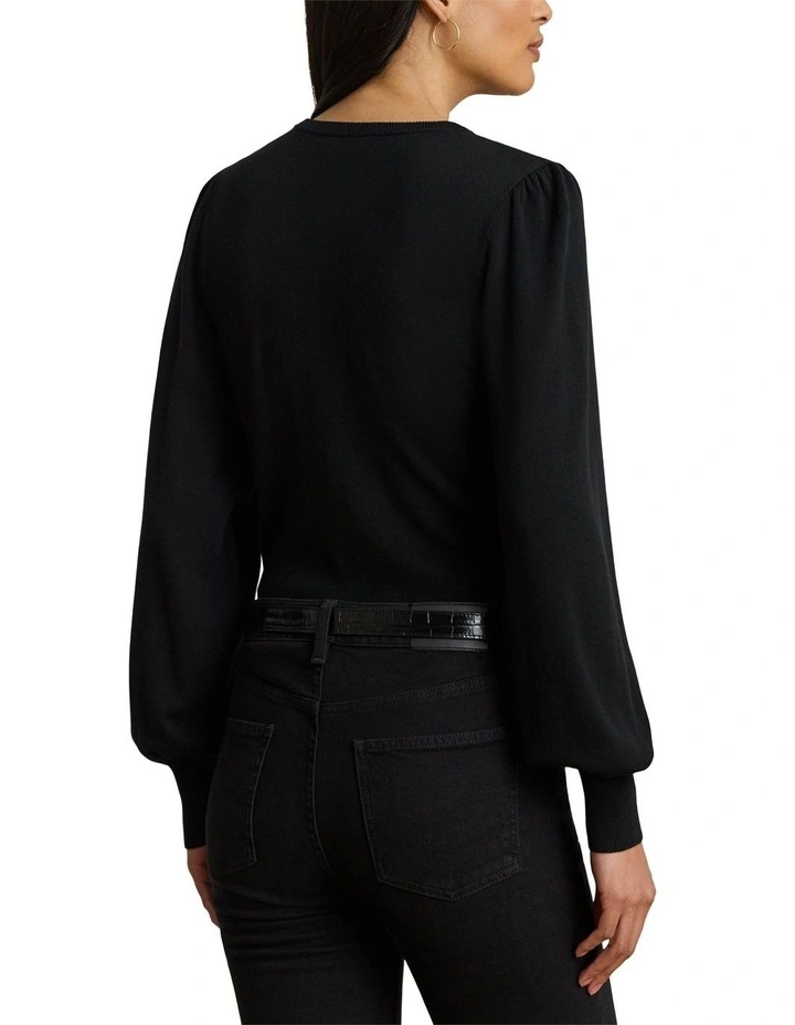 Button-Trim Puff-Sleeve Sweater in Black image 2