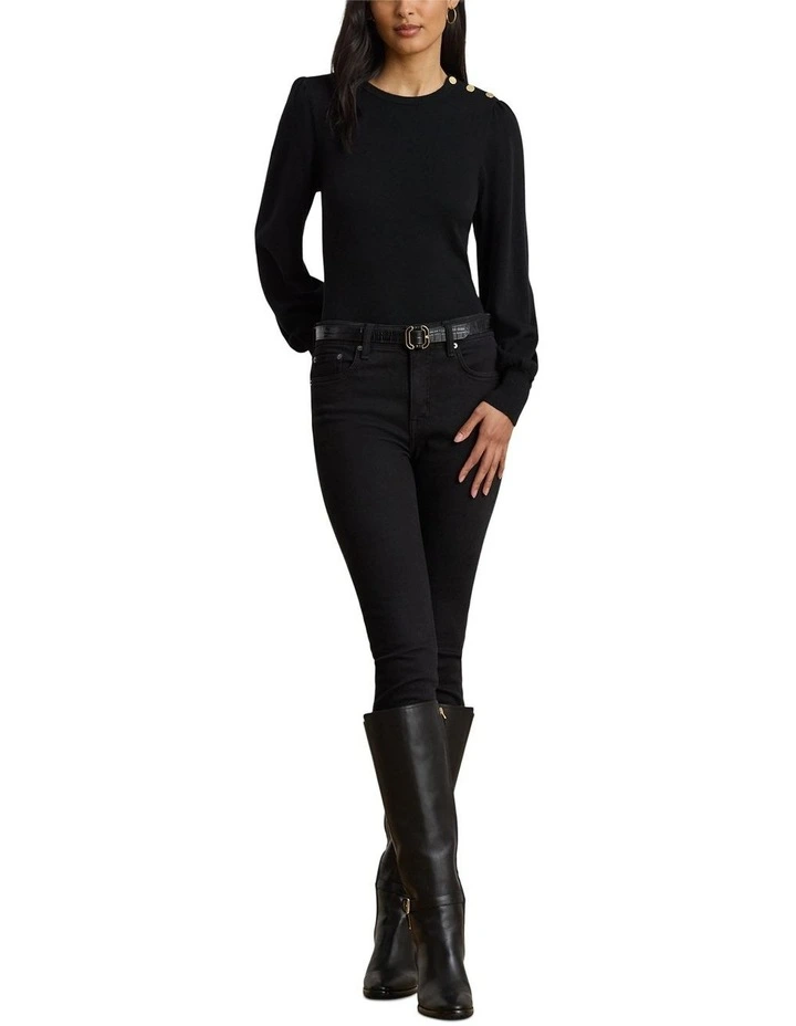 Button-Trim Puff-Sleeve Sweater in Black image 3