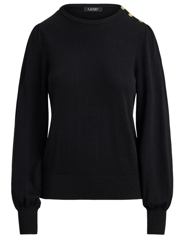 Button-Trim Puff-Sleeve Sweater in Black image 4