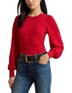 Button-Trim Puff-Sleeve Sweater in Red