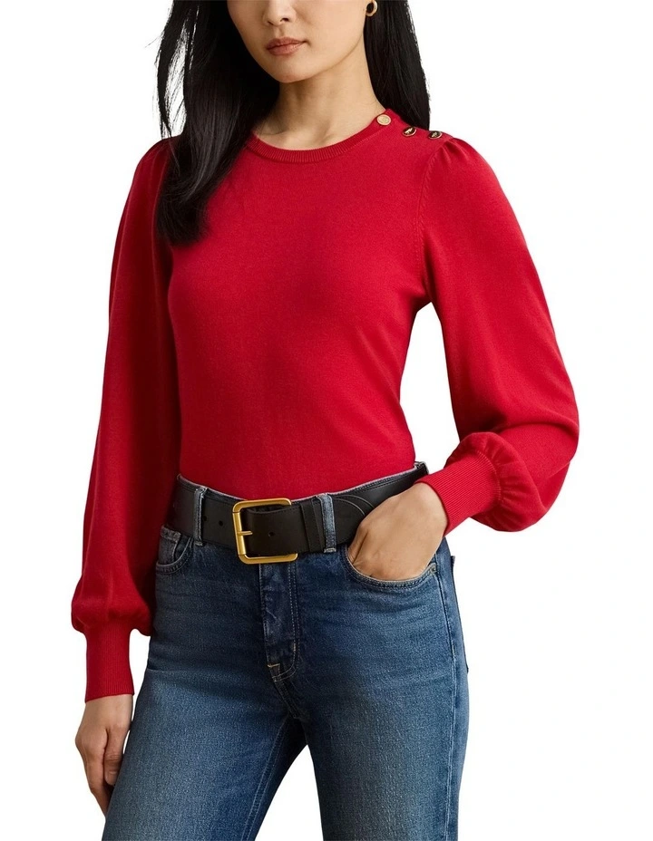 Button-Trim Puff-Sleeve Sweater in Red image 1