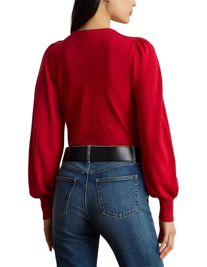 Button-Trim Puff-Sleeve Sweater in Red image 2