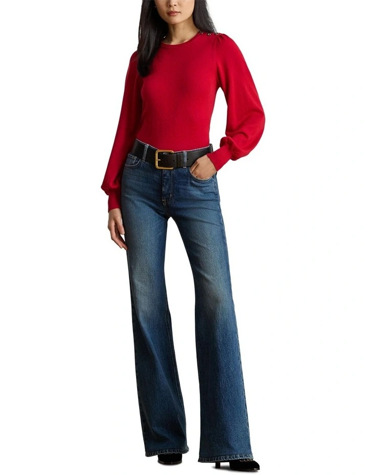 Button-Trim Puff-Sleeve Sweater in Red image 3