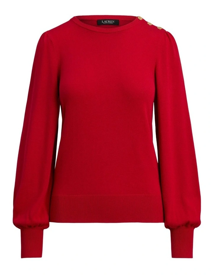Button-Trim Puff-Sleeve Sweater in Red image 4
